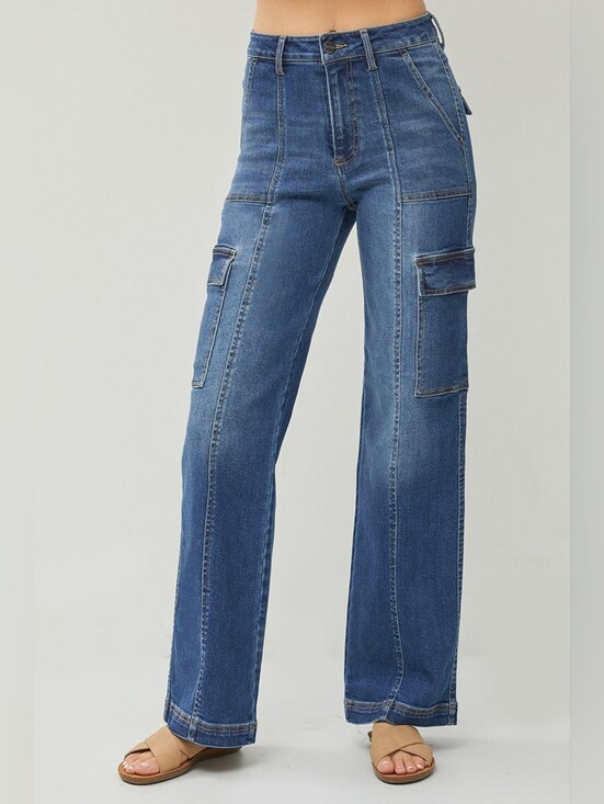Risen Jeans Denim - Risen Cargo Wide Leg Jeans Medium Wash High Waist Stretchy Denim Juniors Size 3